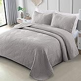 Exclusivo Mezcla Ultrasonic Full Queen Quilt Bedding Set, Lightweight Light Grey Bedspreads Soft Modern Geometric Coverlet Set for All Seasons (1 Quilt and 2 Pillow Shams)