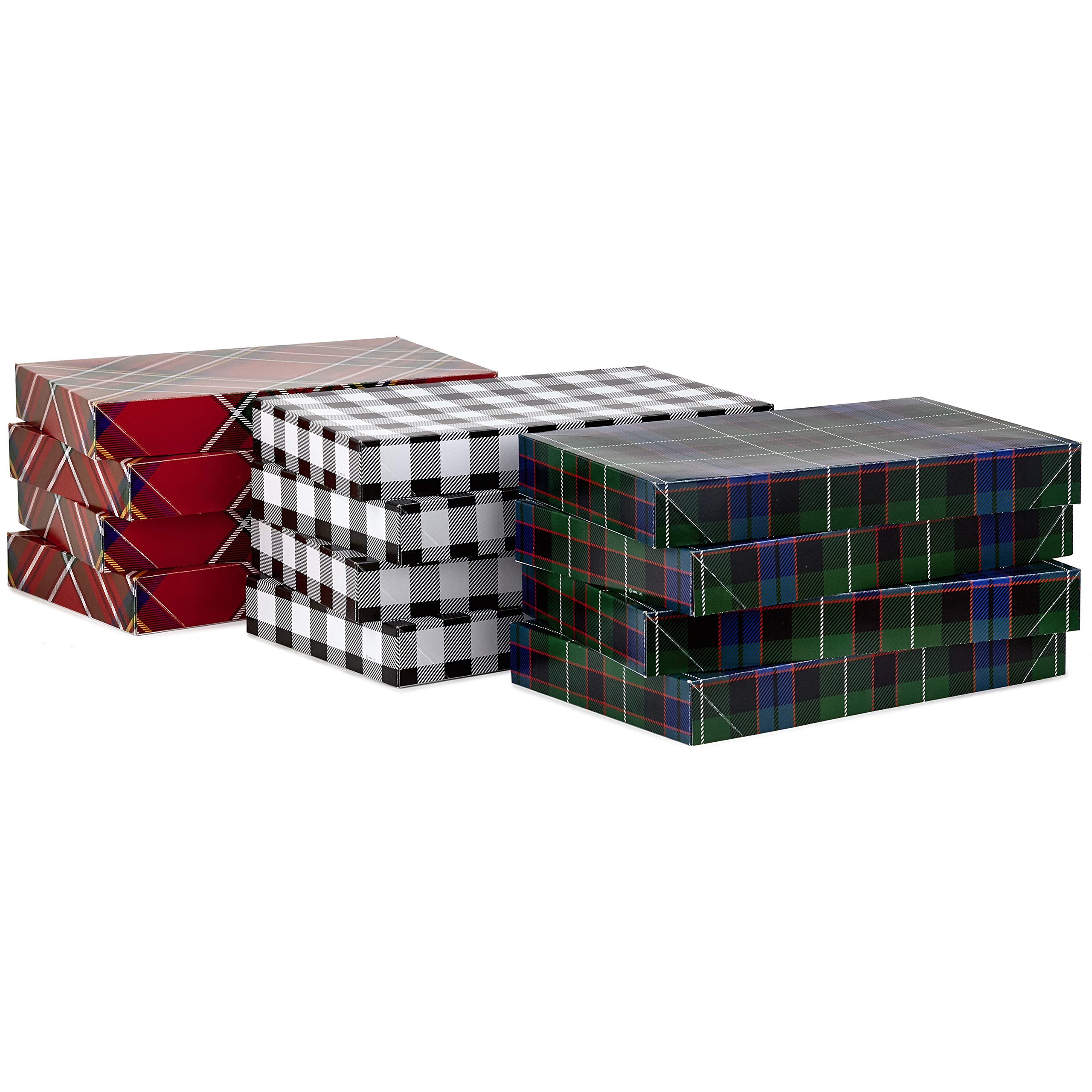 Hallmark Medium Gift Boxes with Lids (12 Shirt Boxes, 3 Designs: Buffalo Check, Red Plaid, Green Tartan) for Christmas, Holiday Parties, Hostess Gifts, Father's Day