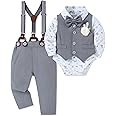 SOLOYEE Baby Boy Clothes Suit Infant Gentleman Wedding Outfit Dress Shirt+Bowtie+Vest+Corsage+Suspender+Pants 6Pcs Set 0-24M