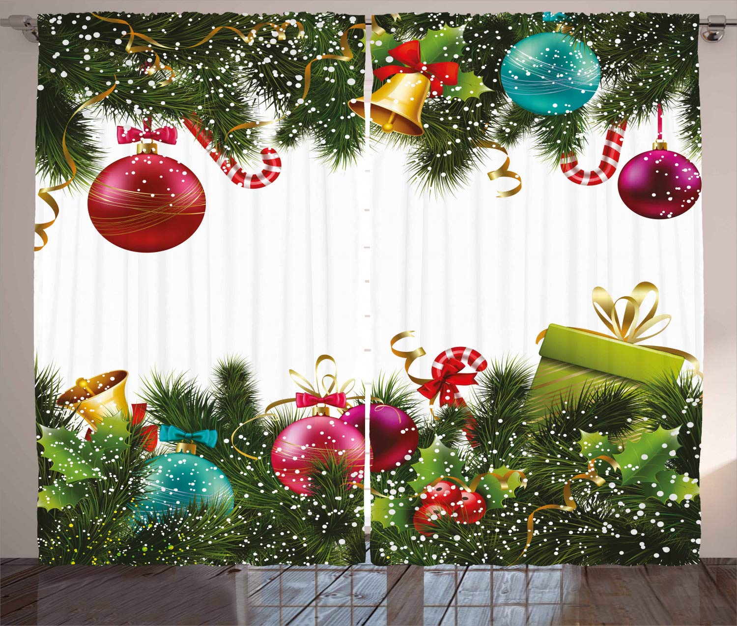 ABAKUHAUS Christmas Curtains, Snowy Winter Xmas Time Happy New Year Greeting Presents Bells Leaves Garland, Living Room Bedroom Window Drapes 2 Panel Set, 280 x 245 cm, Green Magenta