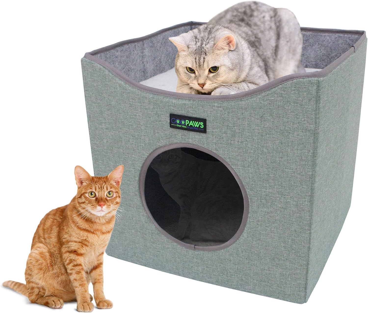 JESPET Foldable Cat Condo, Cat Cube House & Sleeper Bed with Lying Surface 2 Reversible Cushions, Cat Hiding Place, Cat Cave, Linenette Fabric, Felt and Engineered Wood, Scratch Resistant, Smoke Gray : Pet Supplies