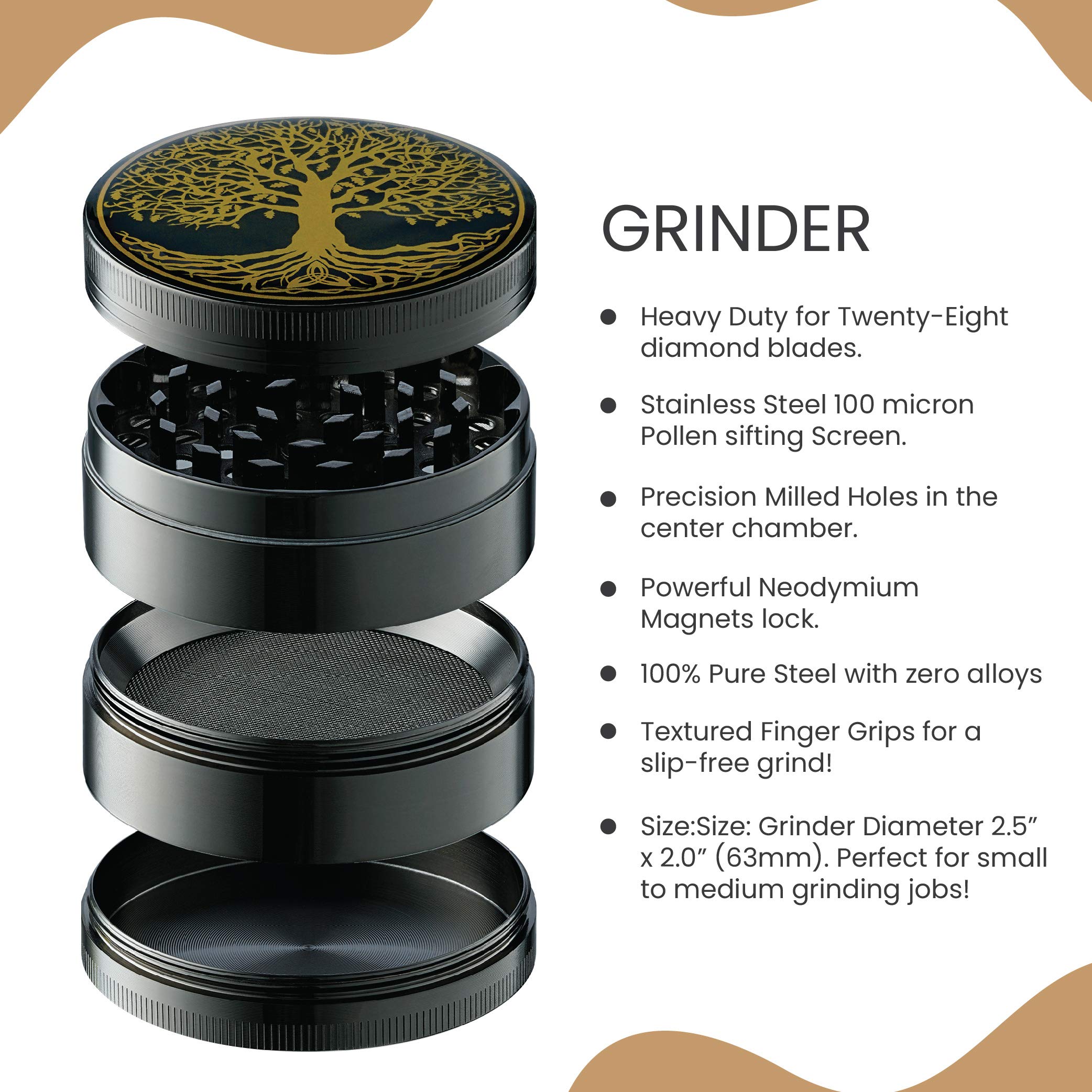 Tree of Life Oak Wood Stash Box Combo - Big Size Titanium 4 Part Herb Grinder - Airtight Wood Lid Glass Stash Jar - Engraved Wood Handmade Decorative Stash Box - Smell Proof and Airtight.