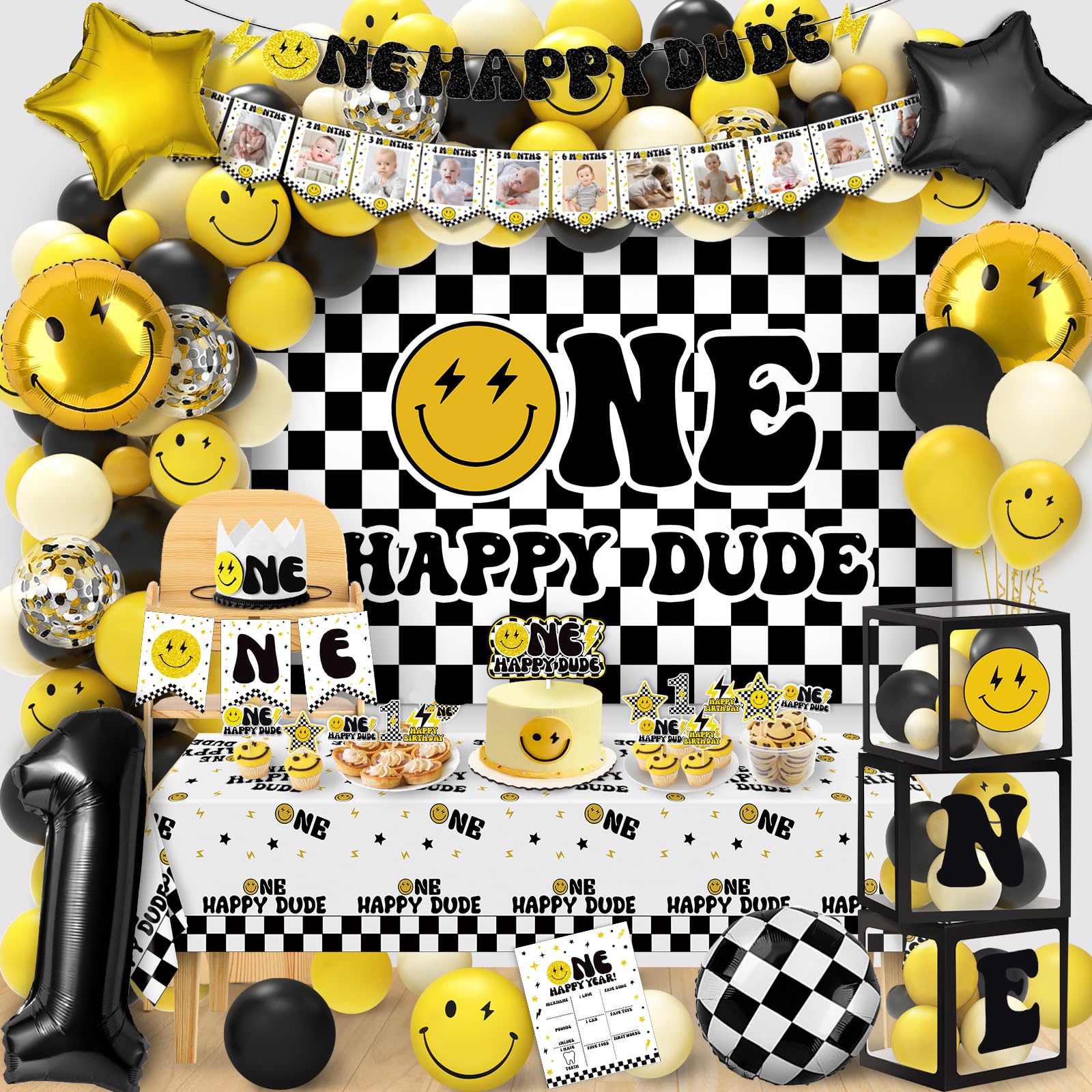 Photo 1 of (PARTIAL SET) One Happy Dude 1st Birthday Decorations - Lightning Bolt One Happy Dude First Birthday Backdrop Balloons Arch Box High Chair Banner Birthday Party Idea for Baby Boys|Girls