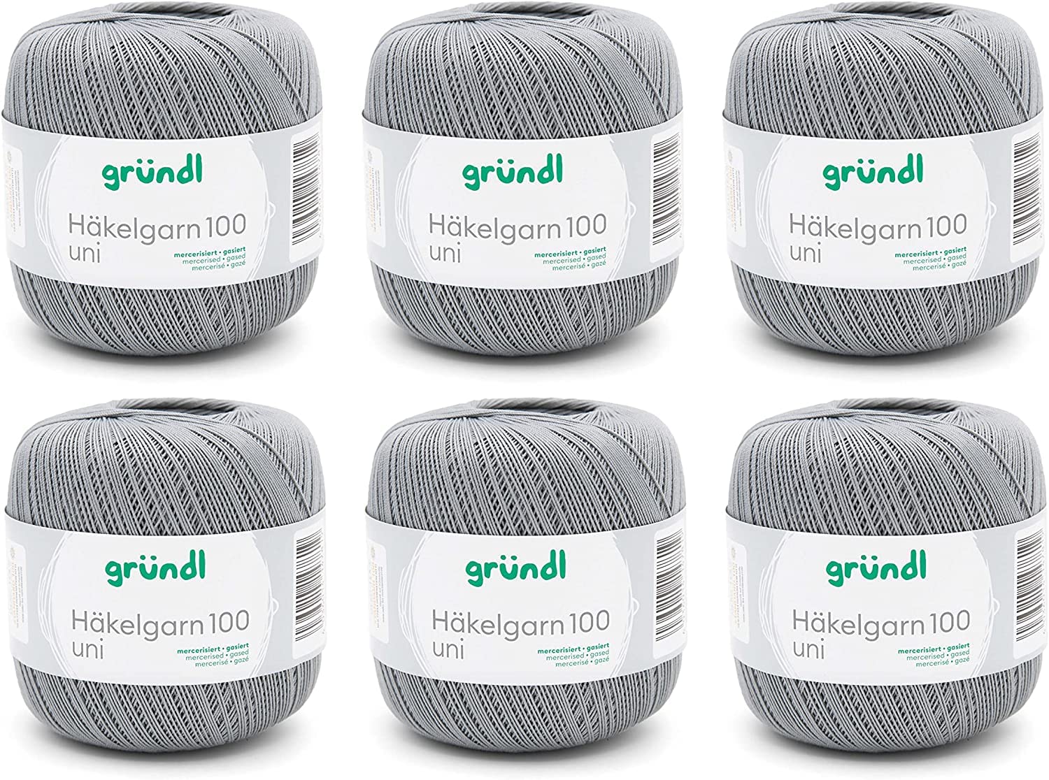 Gründl Wool Crochet Yarn 100 100% Cotton 6 x 100g Balls Needle Size 1.5-2 6 100g / 566m Thin Yarn for Crochet Light Grey