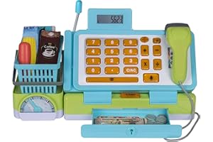 PLAYKIDIZ Playkidz Interactive Toy Cash Register for Kids - Sounds & Early Learning Play Includes Play Money Handheld Real Scanner Working Scale & Calculator, Live Microphone Food Boxes Plastic Fruit & Basket