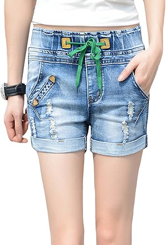 blue jean shorts with elastic waistband