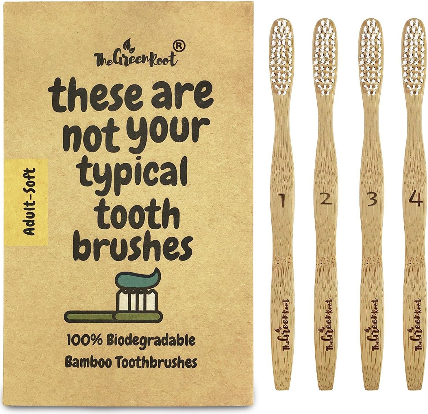 Bamboo Toothbrush W/ 15 Degree Angle & Soft BPA Free Nylon Bristles - 100% Organic and Biodegradable Wooden Toothbrush for Adults - Pack of 4 Best Toothbrushes for Sensitive Gums