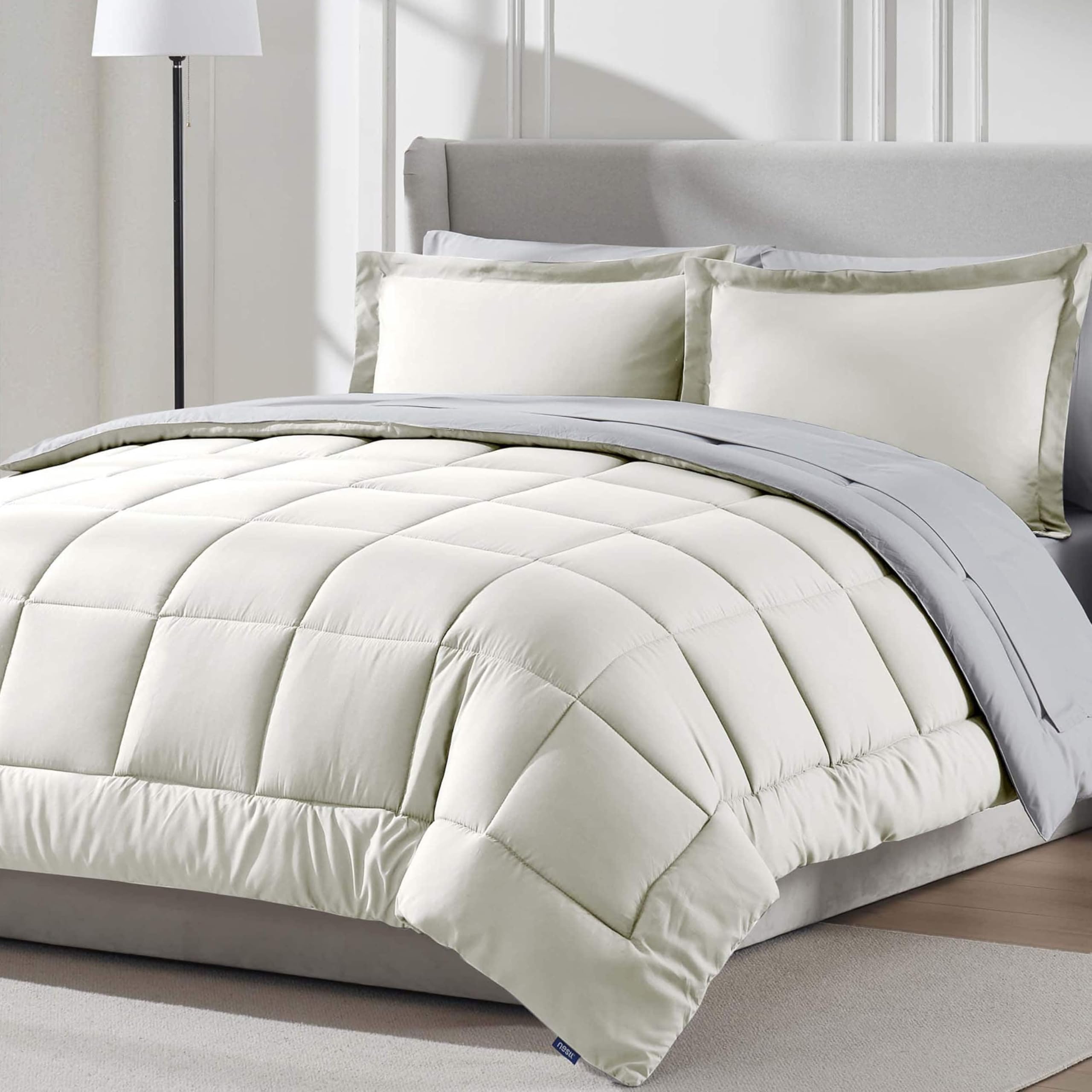 Nestl King Size Comforter Set – 7 Pieces Reversible Off White Bed in a Bag, All Season Bedding Set With Flat Sheet, Fitted Sheet, Pillowcases and Shams