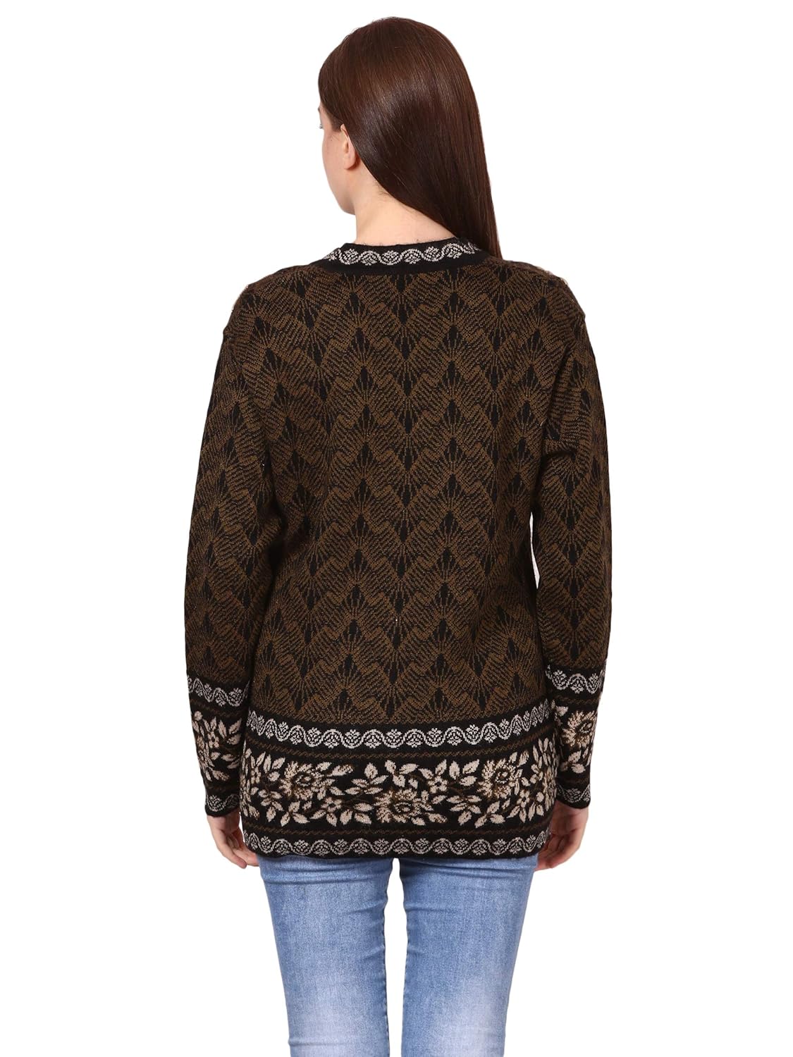 saadgi women's woollen printed warm knitted cardigan with beads detail work