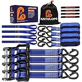 A ANTELOPE Ratchet Tie Strap Set of 4-2100 LBS Breaking Strength, 1" x 15' Ratchet Straps with 4 Soft Rings, Coated S-Hooks, and Soft Padded Handle for Secure Motorcycles, Trucks, Trailers (Blue)