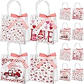 Abbylike 24 Pcs Valentine's Day Heart Clear Gift Bags 7.87 x 3.15 x 7.87 in Love Kiss Tote PVC Shopping Clear Bags with Handles Red Ribbon Supplies for Wedding and Valentine Party Supplies