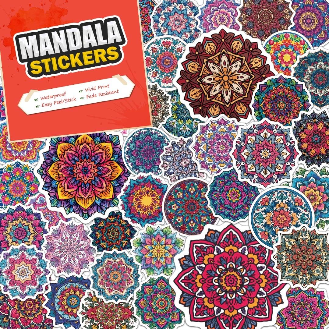 100 PCS Mandala Stickers Pack – Waterproof Vinyl Decals for Water Bottles, Laptops, Phones, Notebook, Cars – Cool Vibrant Graphics for Mandala Enthusiast