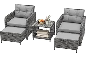 LHBcraft Balcony Furniture 5 Piece Wicker Patio Furniture Set, Outdoor Hand-Woven Rattan Lounge Chairs with Tempered Glass Coffee Table, Ottomans & Soft Cushions for Front Porch, Garden, Grey