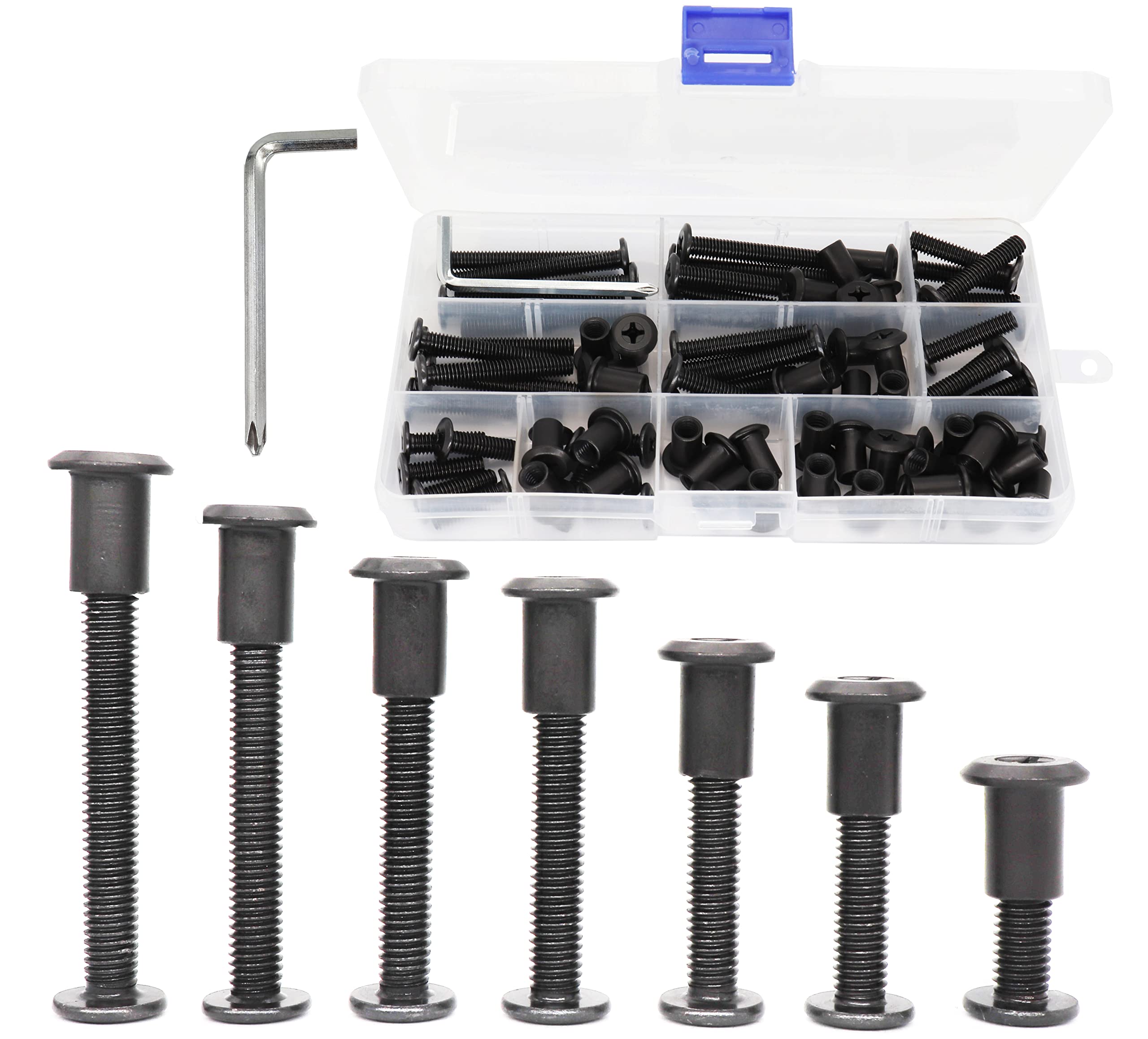 binifiMux 35-Set M6 x 15mm/ 20mm/ 25mm/ 30mm/ 35mm/ 40mm/ 50mm Black Rivet Phillips Countersunk Head Screws Cap Nuts Assortment Kit for Furniture Cupboard Wardrobe Chairs Bed
