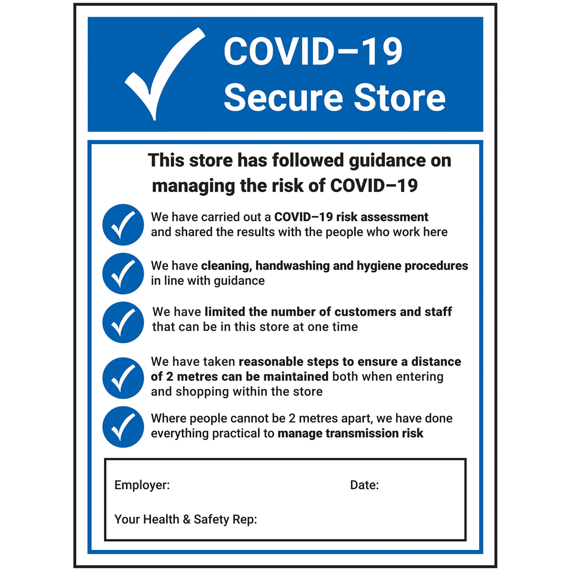 V Safety Covid Secure Store 2020 Sign - 300mm x 400mm - 1mm Rigid Plastic