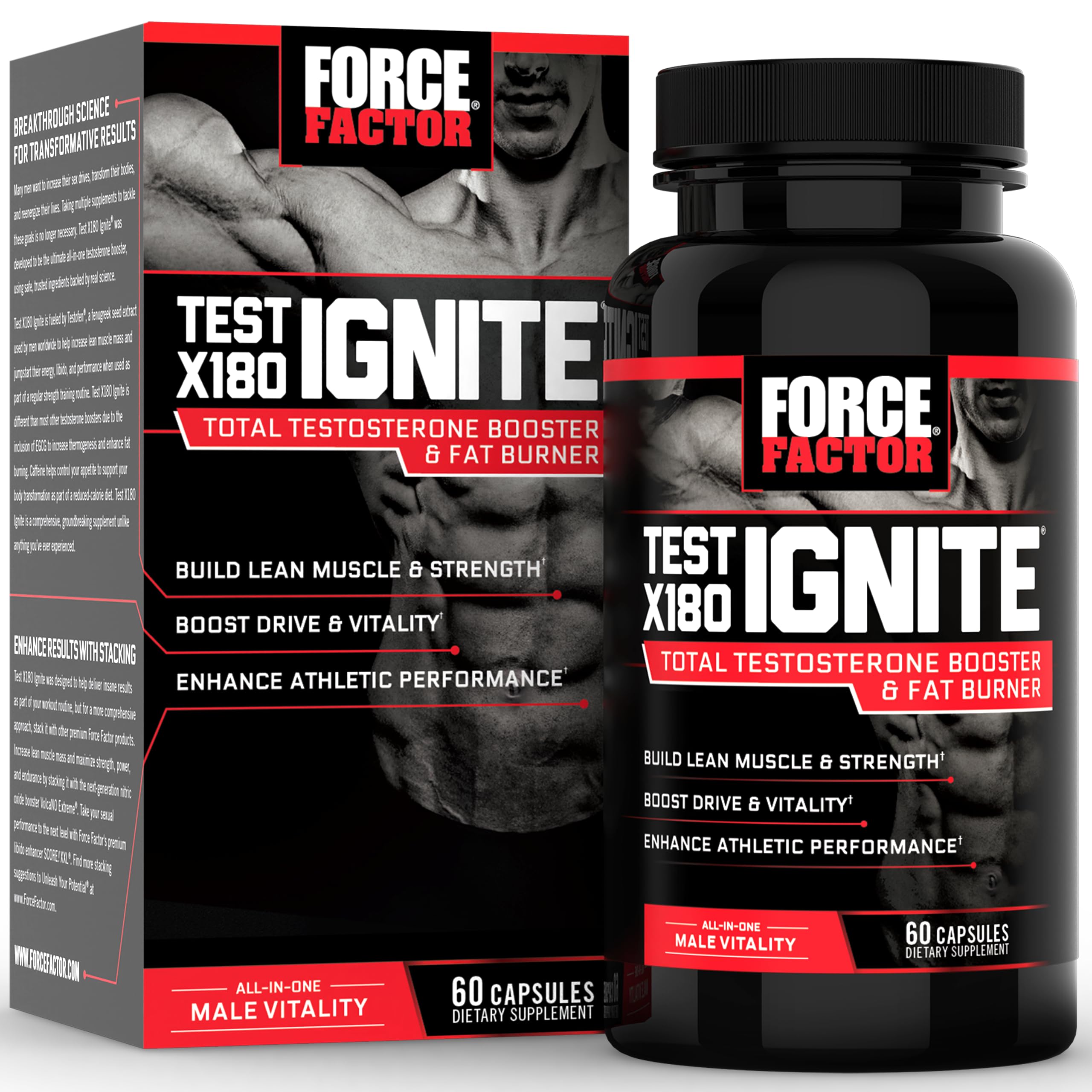 Force Factor Test X180 Ignite Total Testosterone Booster for Men with Fenugreek Seed and Green Tea Extract to Build Lean Muscle, Boost Energy, and Improve Performance, 60 Count
