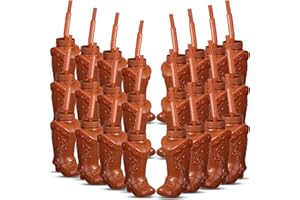 Hoolerry 24 Pcs 10 oz Plastic Cowboy Boot Cups with Straws and Lids Plastic Cowboy Cups for Western Themed Party Supplies and Rodeo Party Decorations (Brown)