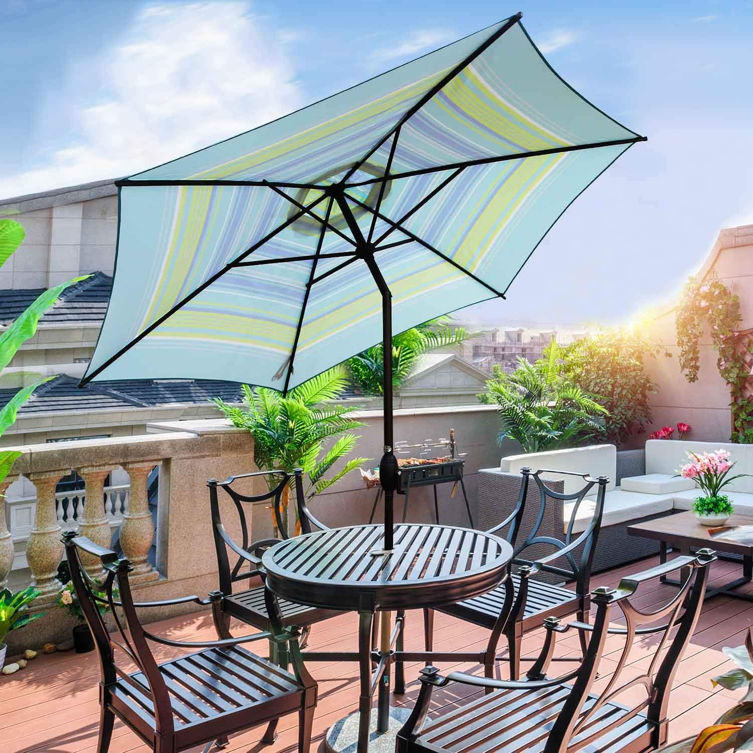 Amazon Com Abba Patio 9ft Striped Patio Umbrella Outdoor Umbrella Patio Market Table Umbrella With Push Button Tilt And Crank For Garden Lawn Deck Backyard Pool Turquoise Striped Garden