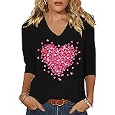 Valentines Shirts for Women Love Heart Printed Graphic T-Shirt 3/4 Sleeve V Neck Holiday Valentine Gift Tee Tops