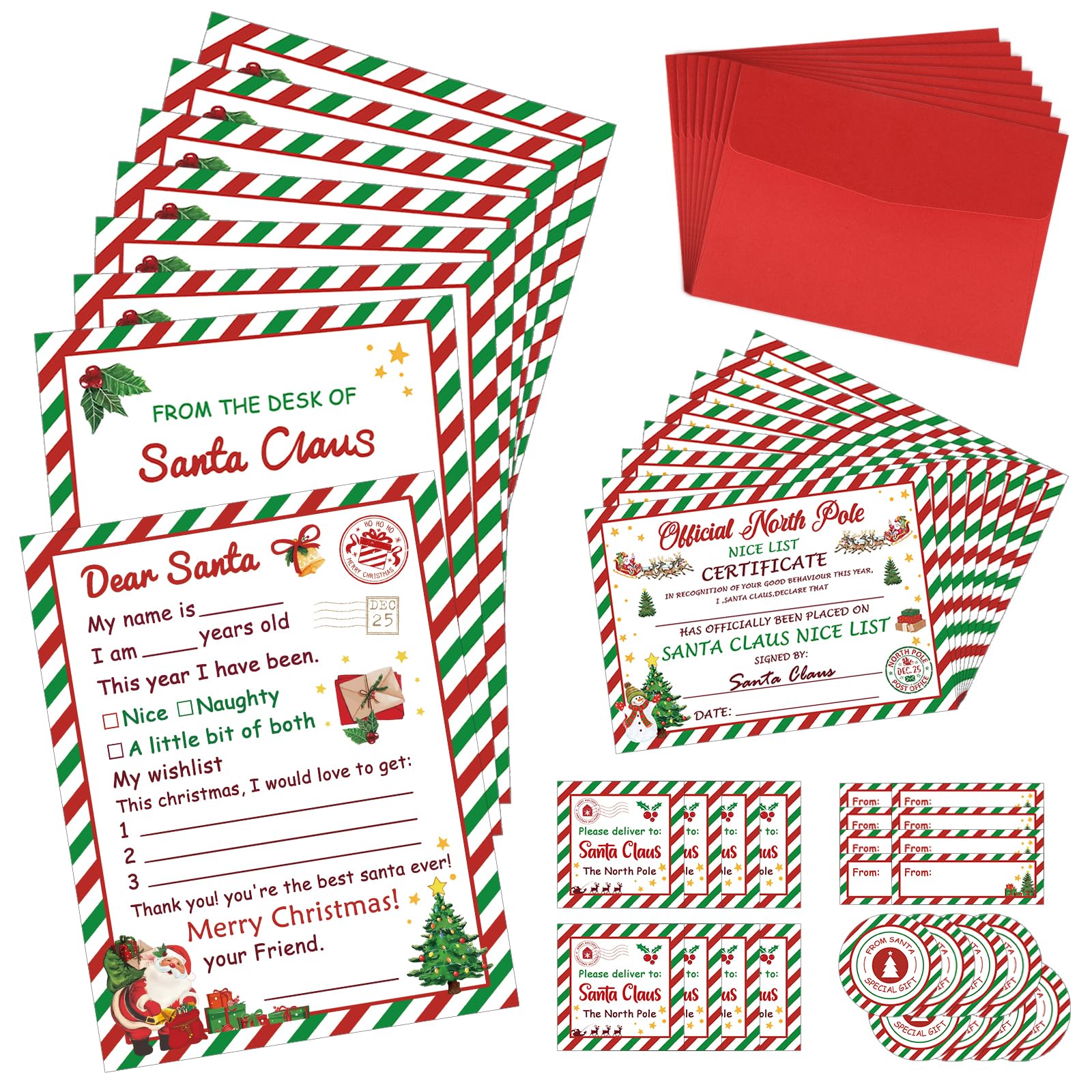 COCHIE Letter to Santa Kit, Letters from Santa, Christmas Writing Set Includes Christmas Wishlist, Nice List Certificate, Red Envelopes, Stickers, Seals, Address Labels — image 1