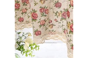 Moslovstar Kitchen Curtain 52 Inch Length 1 Piece Cafe Curtain Tier Linen Textured Semi Sheer Farmhouse Short Curtains for Small Window, Romantic Blooming Roses