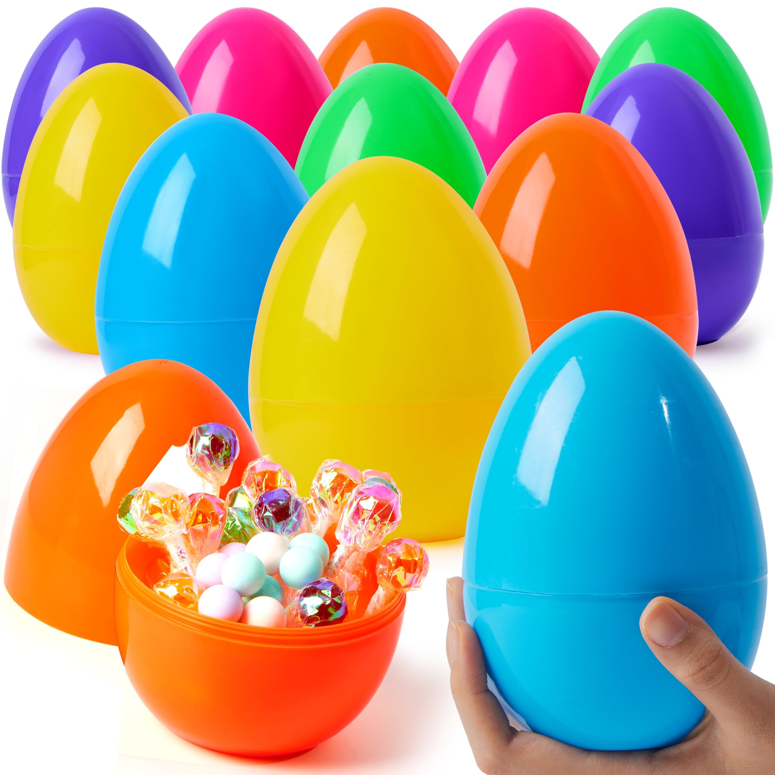 Photo 1 of JOYIN 24 Pcs Large Plastic Easter Eggs, 6 Inches Colorful Jumbo Eggs Fillable for Easter Themed Hunt Basket Stuffers Fillers Filling Treats Party Favor Classroom Prize Supplies