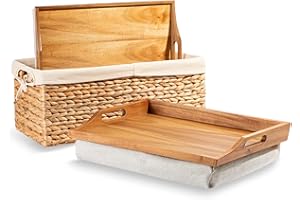 ROSSIE Home Acacia Wood Bed Tray Lap Desk - Set of Two - with Hyacinth Storage Basket - Natural - Fits up to 15.6 Inch Laptops - Style No. 70106