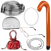 Yewong Old Lady Costume Set - Grandmother Wig,Costume Glasses,Wig Caps, Pearl Necklace, Glass Chain, Inflatable Cane, Handbag (Grey)
