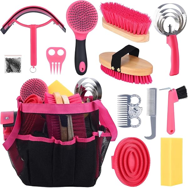 Mini Kit De Toilettage Pour Poney/Cheval LeMieux - Rouge - Sac Toile Avec Brosses, Éponge, Cure-Sabot