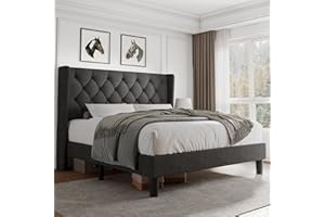 iPormis Queen Size Platform Bed Frame with Button Tufted Headboard, Upholstered Bed Frame with Solid Wooden Slats, 8" Underbed Space, No Box Spring Needed, Noise Free, Easy Assembly, Dark Gray
