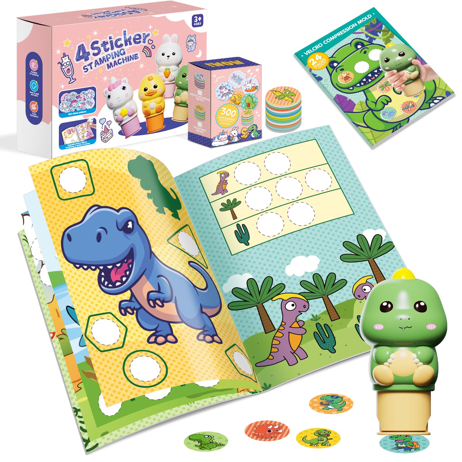 Fozcmisw 24 Page Activity Pad Sticker Stamping Machine | 300 Stickers | Art & DIY | Collectible Travel Game Toy for Boys Girls 3 4 5 6 - Dinosaur