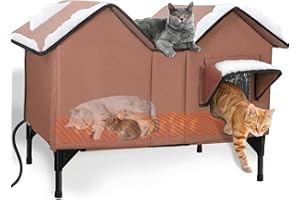 IPEAIN Extra Large Heated Cat House for Outside, Elevated Waterproof Outdoor Cat House Weatherproof for Winter, Insulated Outdoor Cat Shelter with Escape Doors and Heating Pad for Multiple Cats, Brown