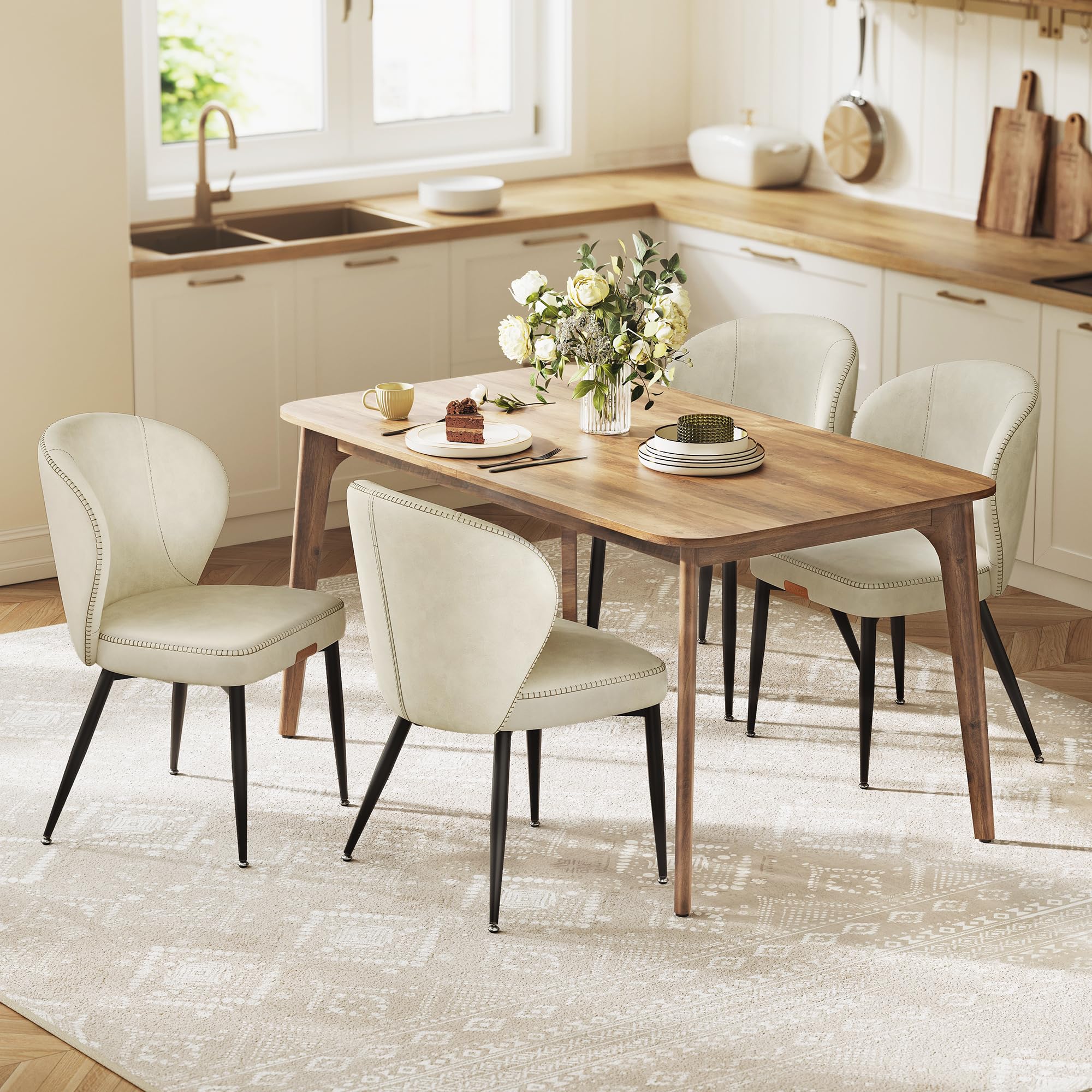 Photo 1 of VASAGLE EKHO Collection - Dining Chairs Set of 4, Upholstered Kitchen Chairs, Comfortable Seat, Synthetic Leather with Stitching, Mid-Century Modern, Easy Assembly, Living Room Lounge, Cream White