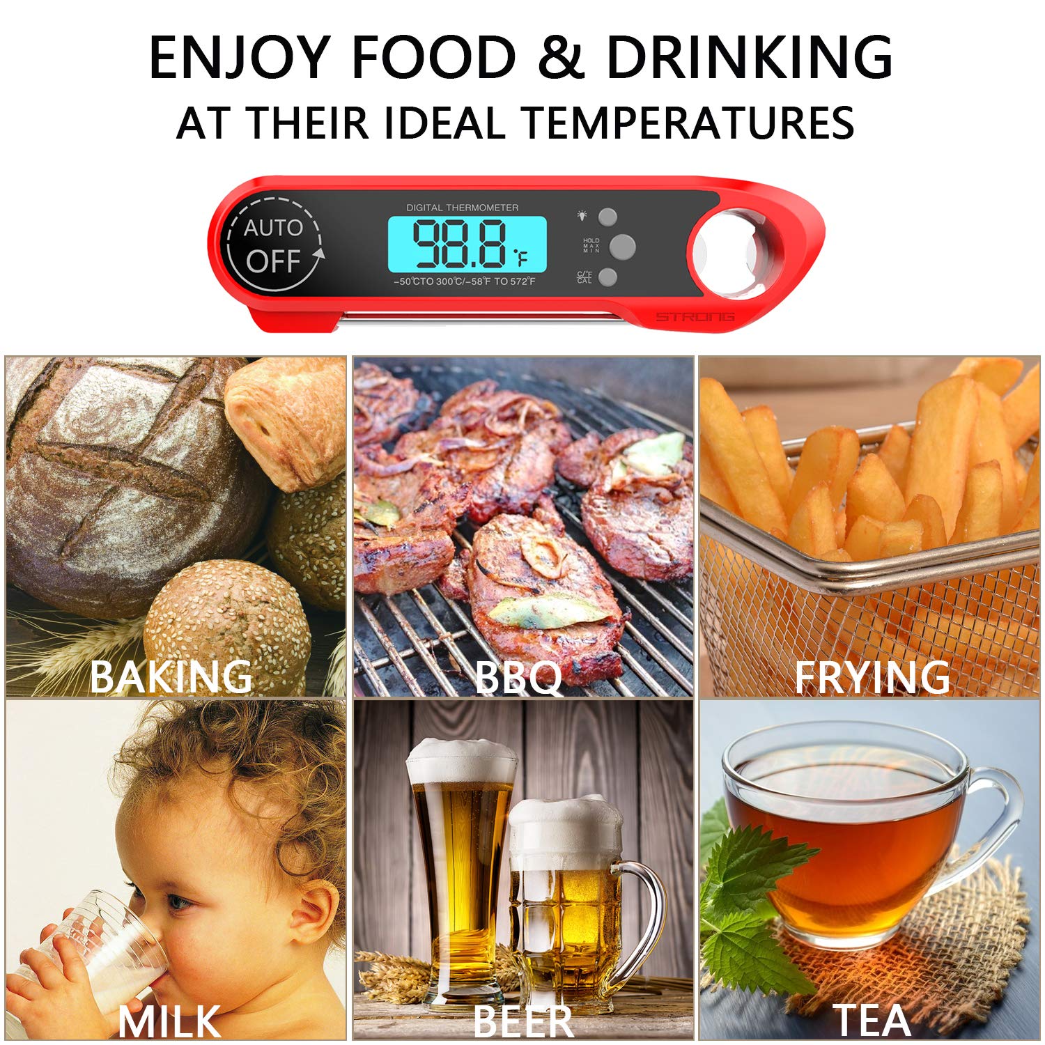 Meat Thermometer, Instant Read Thermometer with Foldable Probe and Bottle Opener, with One Extra Battery