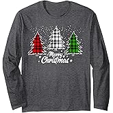 Merry Christmas Tree Xmas Buffalo Plaid Red White Green Long Sleeve T-Shirt