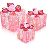 Timer & 8 Mode 3 Pack Valentines Decorations Pink Valentines Lighted Gift Boxes with Hearts Red Glitter Bow 60 LED Battery Operated Present Box Pink Decor for Indoor Outdoor Xmas Wedding Christmas