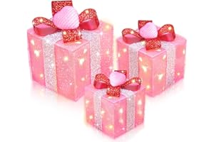 TURNMEON Timer & 8 Mode 3 Pack Valentines Decorations Pink Valentines Lighted Gift Boxes with Hearts Red Glitter Bow 60 LED Battery Operated Present Box Pink Decor for Indoor Outdoor Xmas Wedding Christmas