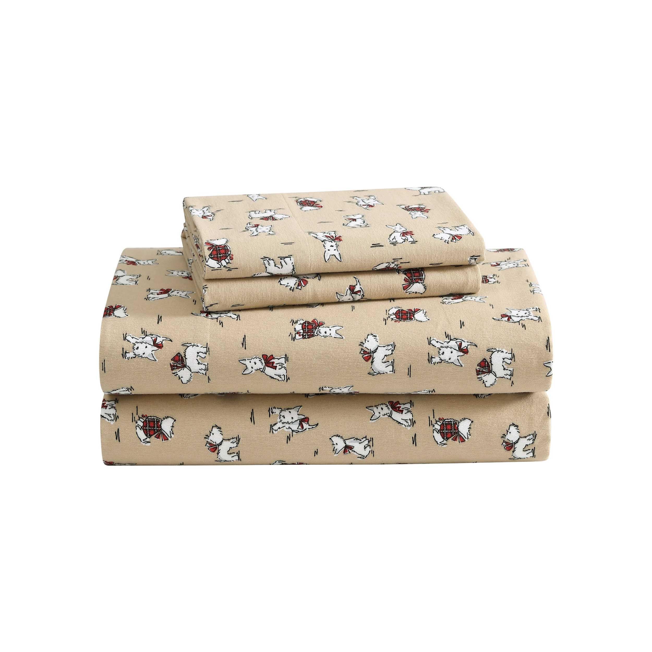 Laura Ashley – King Sheets, Breathable Cotton Flannel Bedding with Deep Pockets, Brushed for Extra Softness & Comfort, Oeko-Tex Certified (Holiday Scottie Beige, King)