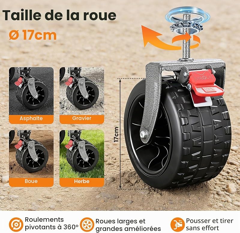 Chariot Pliable 260L 250KG, Roues Larges Tout-Terrain 17cm, Noir