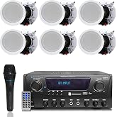 1000 Watts 2 Room Bluetooth Home Amplifier and Receiver w USB and SD Reader | (Qty 6) 6.5 Flush Mount in-Wall/in-Ceiling Stereo Speakers, Handheld Microphone with 10 Ft Cable