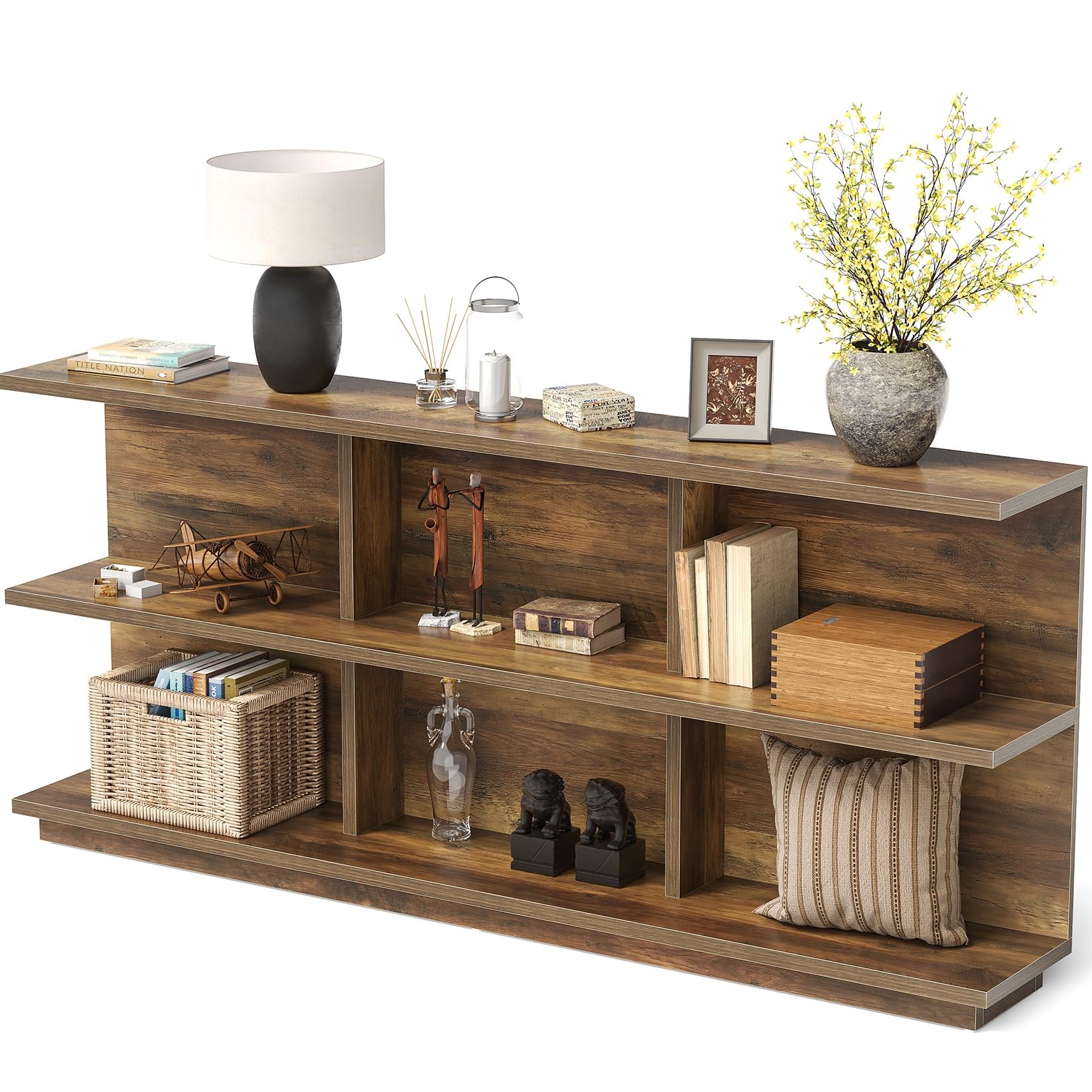Photo 1 of LITTLE TREE 69.29" L 6 Cube Bookcase, Wood Horizontal Bookshelf, Long Entryway Table for Living Room, Sofa Table with Shelves, Console Table with Storage for Entrance, Kids Room, Study, Rustic Brown
