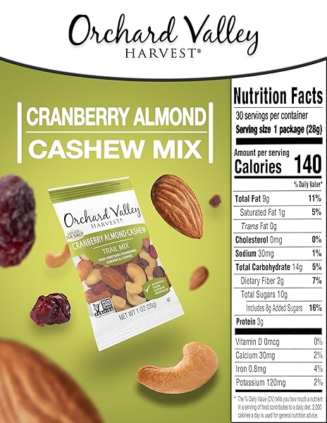 ORCHARD VALLEY HARVEST CRANBERRY ALMOND CASHEW TRAIL MIX, 1 OZ (PACK OF 30), CRANBERRIES, ALMONDS, AND CASHEWS, NON-GMO, NO ARTIFICIAL INGREDIENTS, HEALTHY SNACKS FOR ADULTS