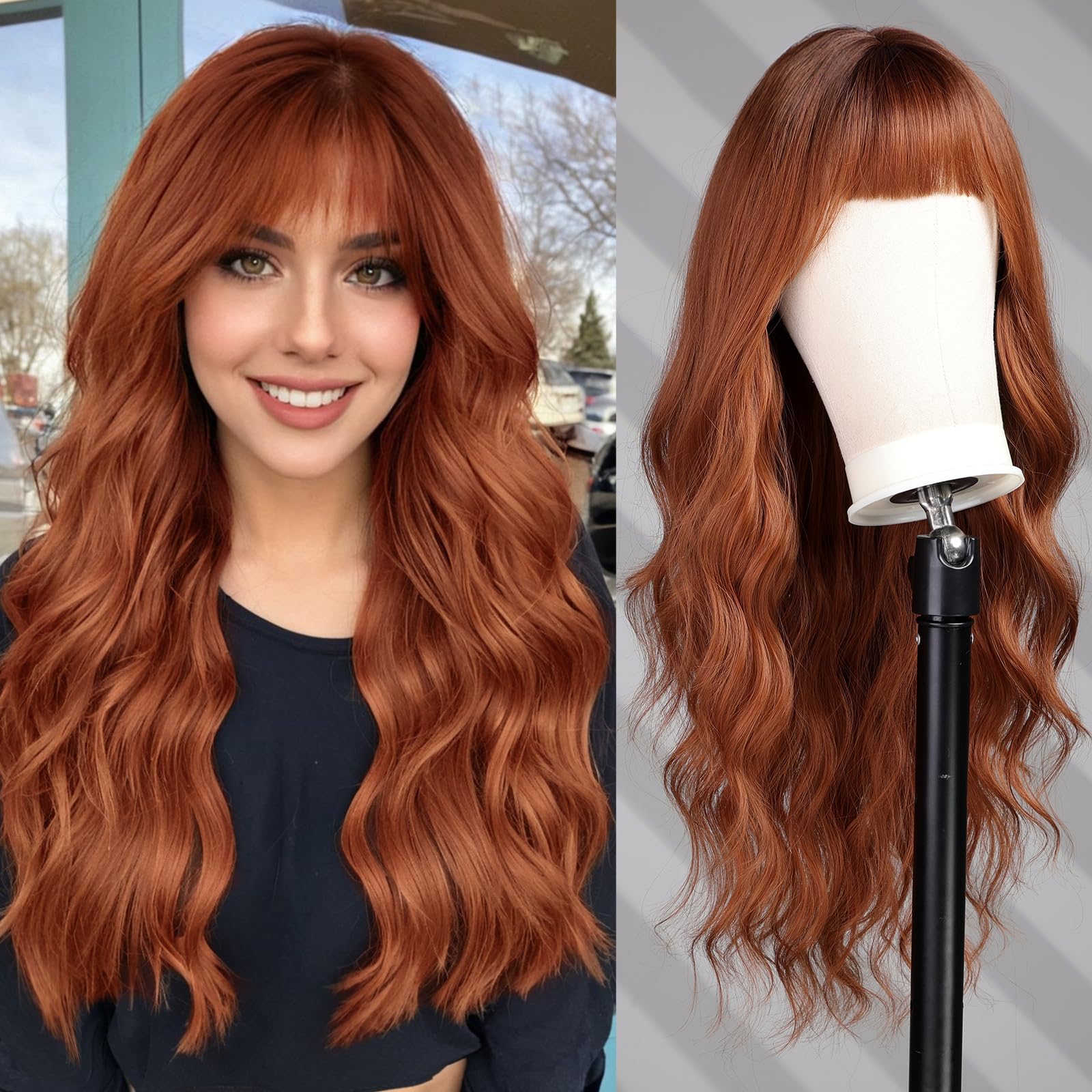 WOKESTAR Long Red Ginger Wigs for Women Synthetic Hair Wavy Wig with Fringe