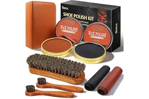 TOPUS Shoe Polish Kit Include 3 Pieces Horsehair Shoe Brushes in 6.7IN Handle, 1.4oz Black & Brown Shoe Polish & Shine Cloths
