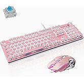 Basaltech Mechanical Gaming Keyboard and Mouse Combo, Retro Steampunk Vintage Typewriter-Style Keyboard with LED Backlit, 104-Key Anti-Ghosting Blue Switch Wired USB Metal Panel Round Keycaps, Pink