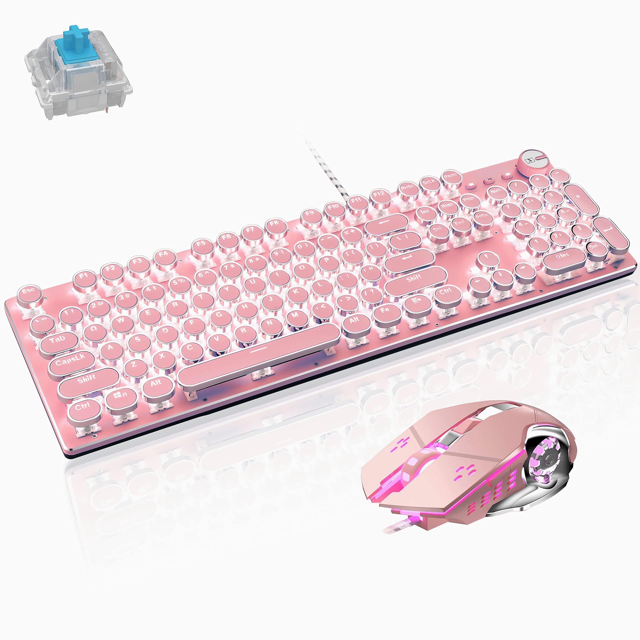 Basaltech Mechanical Gaming Keyboard and Mouse Combo, Retro Steampunk Vintage Typewriter-Style Keyboard with LED Backlit, 104-Key Anti-Ghosting Blue Switch Wired USB Metal Panel Round Keycaps, Pink