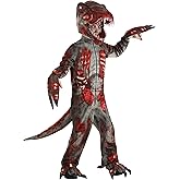 Kid's Zombie Dinosaur T-Rex Costume | Scary Jurassic Jumpsuit with Tail & Headpiece for Halloween Dress-Up
