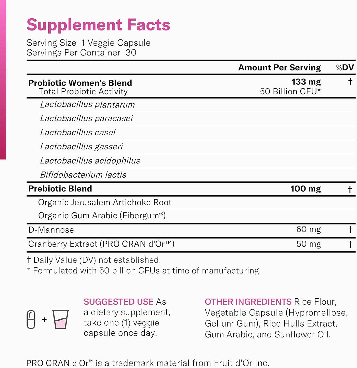 Prebiotics & Probiotics for Women - Clinically Proven ProCran - Organic Prebiotics, 50 Billion CFU, D-Mannose & Cranberry for Digestive, Immune, Feminine Health, Soy & Dairy Free, 30 Vegan Capsules: Health & Personal Care