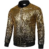 JOGAL Mens Sequins Nightclub Styles Zip up Varsity Baseball Bomber Jacket