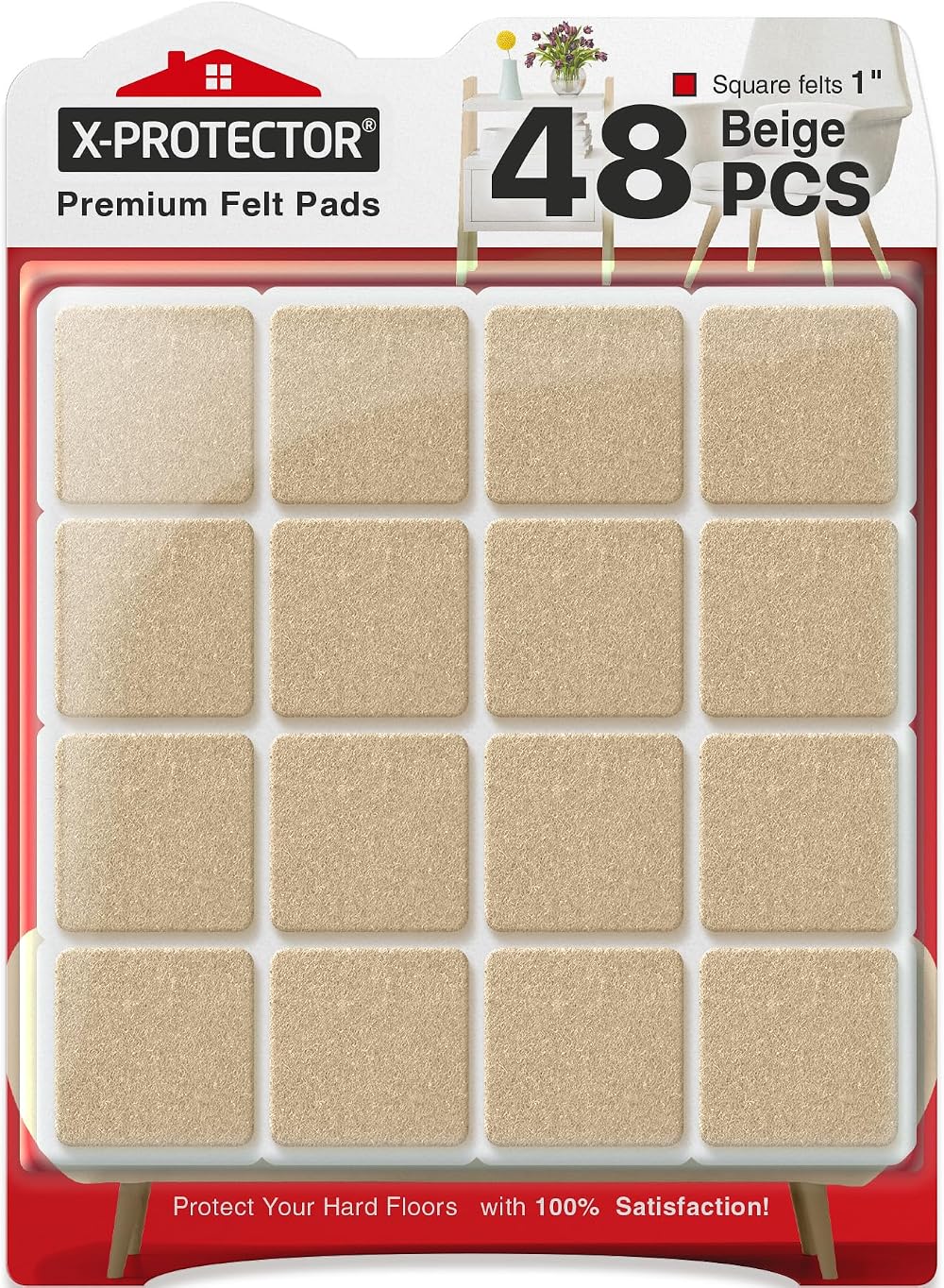 X-Protector 48 Pcs Chair Pads 25mm Felt Floor Protectors Beige